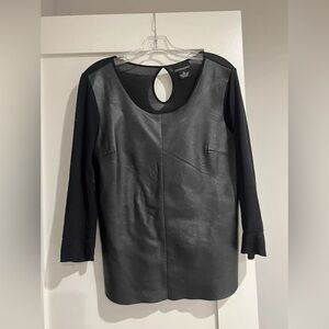 CYNTHIA ROWLEY Black Real Leather Front Rayon Back Long 3/4 Sleeve Blouse Size M